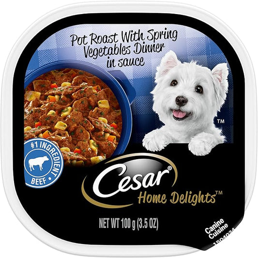 CESAR HOME DELIGHTS Adult Wet Dog Food Pot Roast with Spring Vegetables Dinner in Sauce, 3.5 oz. Easy Peel Trays, Pack of 24