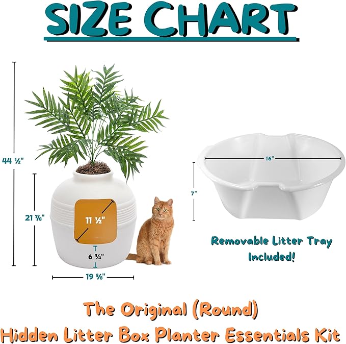 Good Pet Stuff, Original Hidden Litter Box & Reusable Liner Essentials Kit, Round Enclosed Cat Planter Litter Box with Artificial Plants, Vented Carbon Odor Filter System, Easy to Clean, White Birch