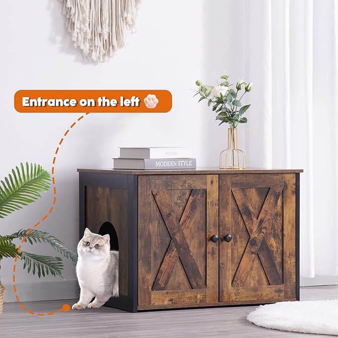 DWANTON Litter Box Enclosure, Cat Litter Box Furniture Hidden, Reversible Entrance Can Be on Left or Right Side, Wooden Cat Washroom Indoor, Fit Most of Litter Box, Rustic Brown, 27.6 Inches