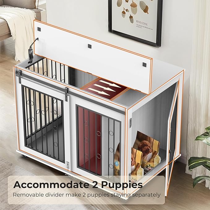 Furniture Style Dog Crate End Table with Sliding Barn Door, Indoor Dog Kennel Furniture with Removable Divider for 2 Small to Medium Pets, White, 43.7''W × 29.9''D × 31.2''H