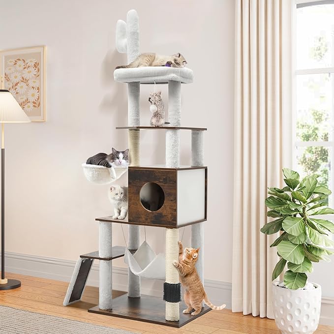 YITAHOME Modern Cat Tree for Indoor Cats with Self-Grooming Brush, 69" Tall Wooden Cat Tower with Condo, Hammock, Scratching Post, Board, Removable Pads for Kittens Big Cats，Rustic Brown