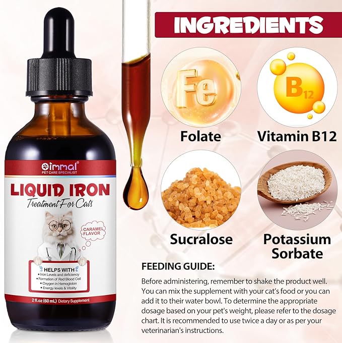 Liquid Iron Supplements for Cats,60ML,LiquiI Iron with Vitamin C and B12,Supports Anemia, Low Enery Levels and Lethargy,Promotes Blood Health, Helps with Formation of Red Blood Cell