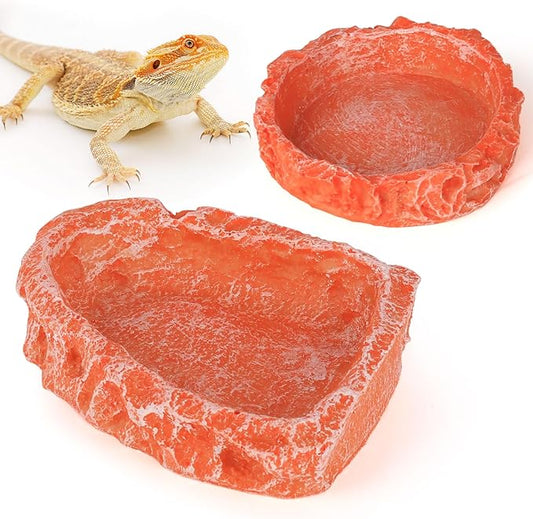 Reptile Water Dish Food Bowl for Bearded Dragon Tank Accessories, Hyggerzoo Reptile Rock Feeder for Reptile Tank 2 Pack Corner Resin Terrarium Bowl for Leopard Gecko Hermit Crab Tortoise Snake, Orange