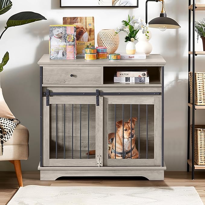 NicBex Dog Crate Furniture, 35.4" L Dog Crates for Large Dogs, Large Dog Crate with Sliding Doors, Wooden Dog Kennel Indoor Large Dog House with Drawers Pet Crate, Grey