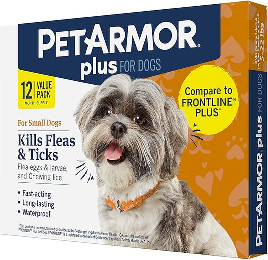 PetArmor Plus Flea and Tick Prevention for Dogs, Dog Flea and Tick Treatment, 12 Doses, Waterproof Topical, Fast Acting, Small Dogs (5-22 lbs)