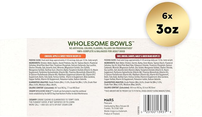 CESAR WHOLESOME BOWLS Adult Soft Wet Dog Food Variety Pack, Beef, Chicken, Carrots, Barley & Green Beans Recipe and Chicken, Apple & Sweet Potato Recipe, (6) 3 oz. Bowls