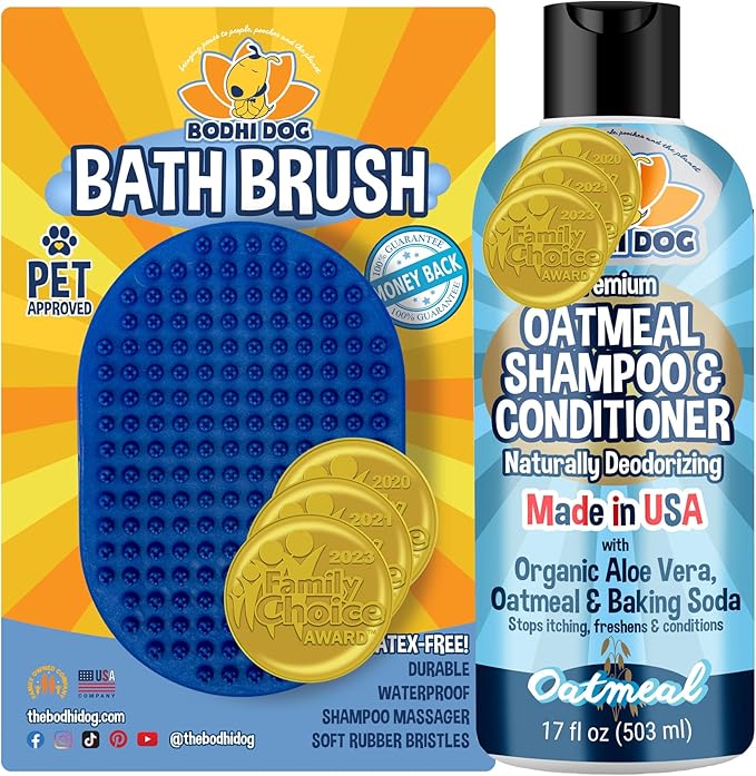 Bodhi Dog Shampoo Brush and Oatmeal Shampoo & Conditioner Bundle | Pet Shower & Bath Supplies for Cats & Dogs | Dog Grooming Quality Dog Wash Brush for Long & Short Hair Dog Scrubber for Bath