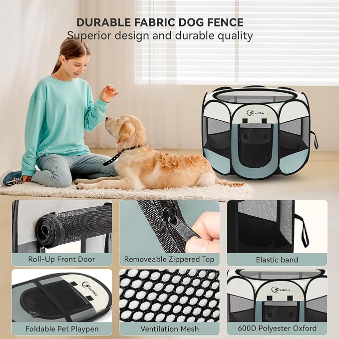 Dog Playpen, Puppy Pet Playpen Indoor for Large Dogs, Dog Tent Crates Cage Indoor/Outdoor, Portable Pop Up Dog Kennel Playpen with Carrying Case for Dogs/Cats/Rabbits, Removable Zipper Top, Grey