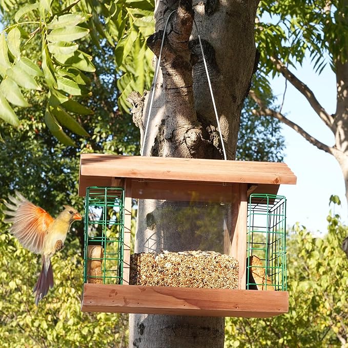 Bird Feeders with 2 Suet Cages, Wooden Wildbird Feeder with Large Capacity, Ideal for Outside Hanging, Nature