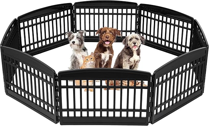 IRIS USA Dog Playpen, 8-Panel 24" Pet Playpen, Puppy Playpen, Indoor/Outdoor Dog Pen, 63 x 63 x 34, Foldable, Customizable, Black