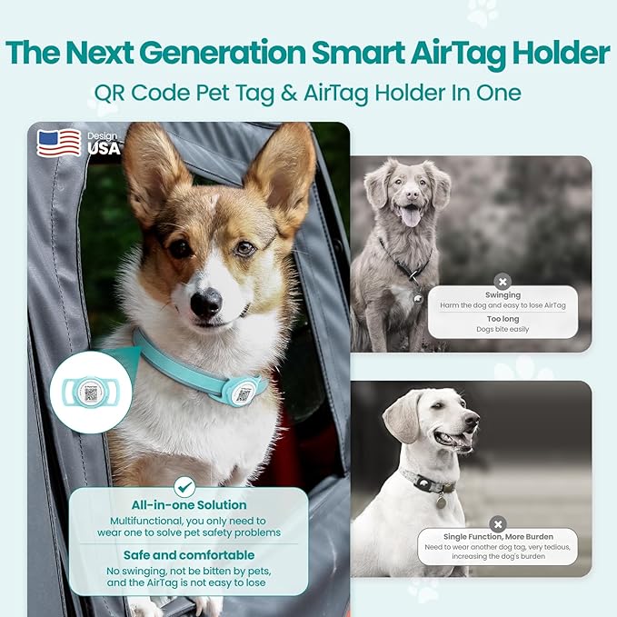 AirTag Dog Collar Holder, Smart QR Code AirTag Holder for Cats and Dogs - Scan Alert | Instant Location | Pet Online Profile | Contacts Info | Pet APP Remote Control(1Pack,Robin's Egg Blue)