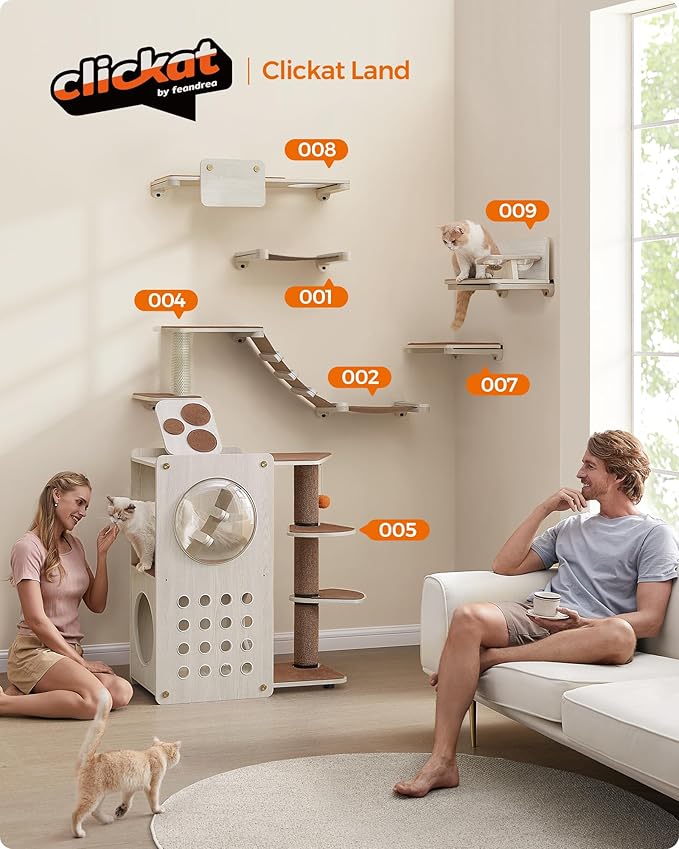 Feandrea Clickat Land - Cat Wall Furniture, Set of 7, Cat Tree, Cat Wall Shelves, Hammock, Stairs, Feeding Station, Extremely Quick Assembly, Unlimited Expandability, Replaceable Module and Parts