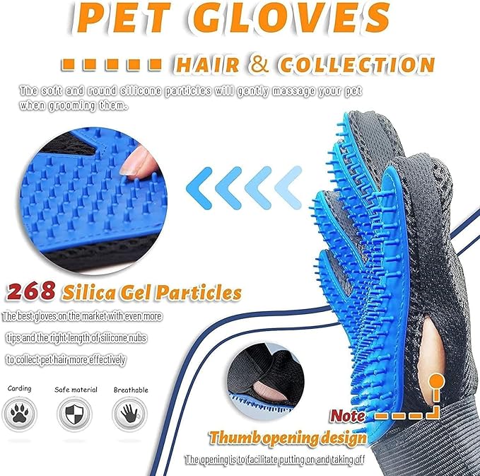 Pet Grooming Glove Hair Remover Brush Gentle Deshedding Efficient Pet Mitt Pet Massage Gloves Left & Right Hand Draw Dogs Cats Horses Long Short Fur (1Pair Left & Right Hand (Blue))