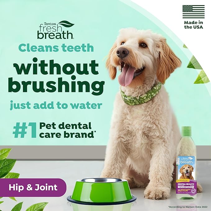 TropiClean Fresh Breath Plus Glucosamine for Hips & Joints | Dog Oral Care Water Additive | Dog Breath Freshener Additive for Dental Health | VOHC Certified | Made in the USA | 16 oz.