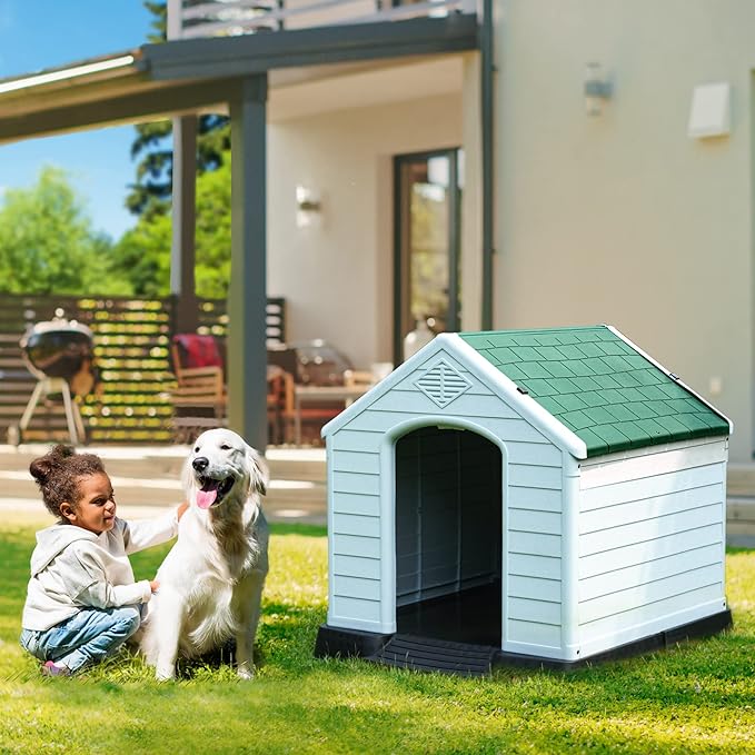 DWVO Large Outdoor Dog House, Plastic Doghouse with Air Vents and Ground Nails, Insulated Water Resistant Puppy Shelter for Small Medium Dogs (34.5''L x 31''W x 32''H, Green)