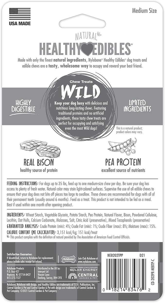 Nylabone Healthy Edibles WILD Natural Long-Lasting Bison Flavor Bone Chew Treats for Dogs, Medium (2 Count)