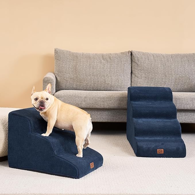 EHEYCIGA Curved Dog Stairs for Small Dogs 15.7" H, 3-Step Dog Steps for Couch Sofa and Chair, Pet Stairs for Cats, Non-Slip Balanced Pet Steps Indoor, Navy