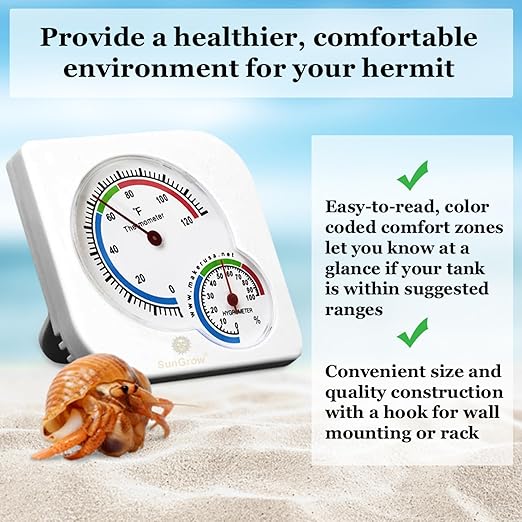 SunGrow Hermit Crab Thermometer & Hygrometer for Terrariums and Reptile, Analog Gauges, Measures in Fahrenheit & Percent, White, 1 Pc per Pack