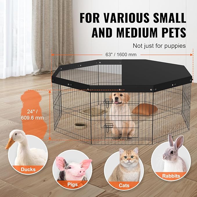 VEVOR Foldable Metal Dog Exercise Pen, Pet Puppy Playpen Yard Fence with Top Cover & Door, Indoor Outdoor 8 Panels 24" W x 24" H Dogs Crate Kennel with Ground Stakes for Small & Medium Dogs