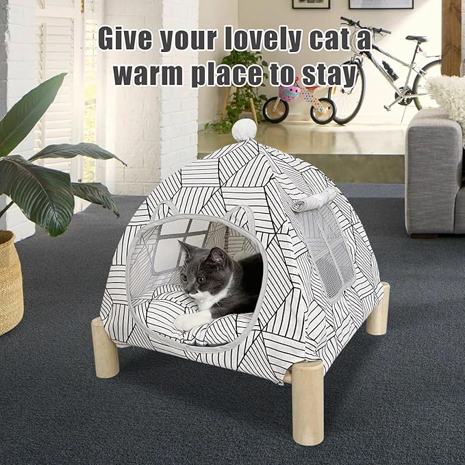 Pozico 2 in 1 Cat Bed Tent Wooden Frame Cat Teepee Cat Hammock, Quick Assembly and Disassembly, Portable Indoor/Outdoor Pet Dog Tent House for Cats Puppies Small Animals:White Diamond Tent