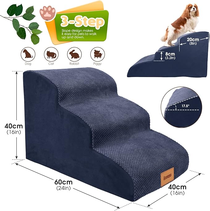 Foam Dog Stairs/Steps, 3 Tiers Pet Ramp/Ladder with Waterproof Cover for Bed Couch Sofa, Non-Slip, Dog Stair for Small Dogs Cats with Old/Injured/Short-Legged, 15.7" H