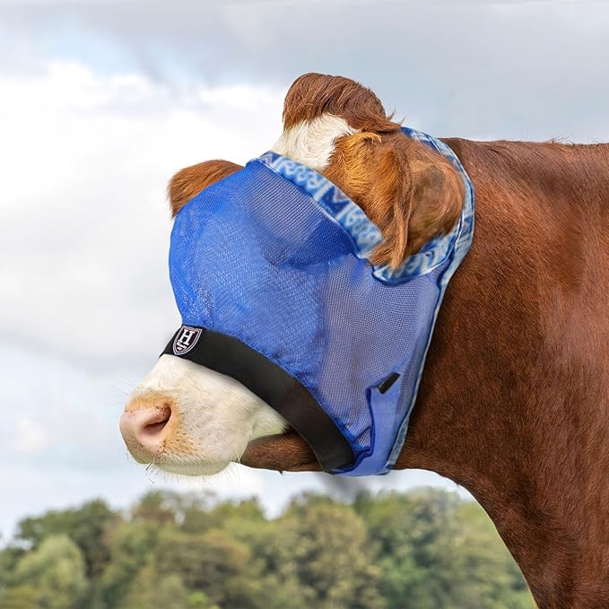Harrison Howard Cattle Livestock Fly Mask Breathable Mesh Padded Edging with Fun Patterns Large Spacing Forelock Opening Design Adjustable Fit for Cattle Blue