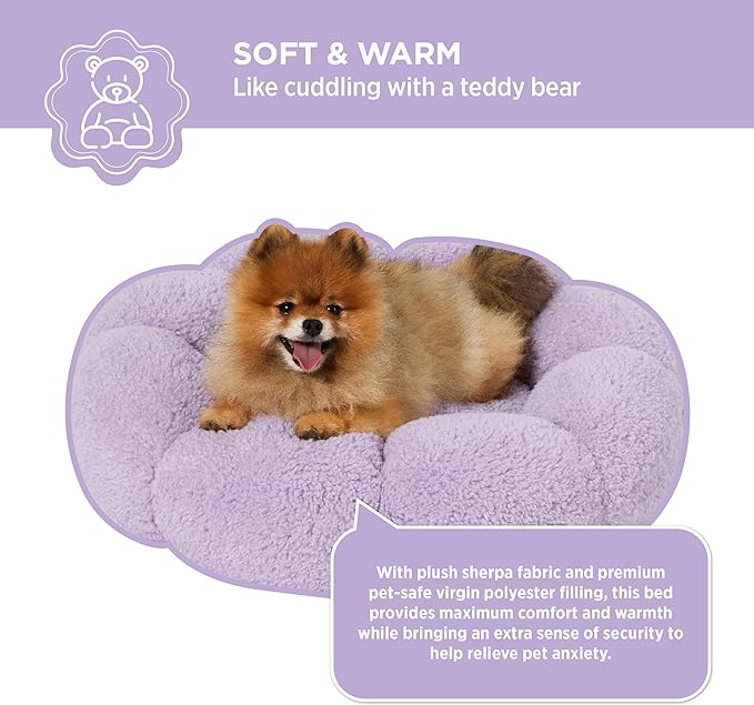 Lesure Calming Small Dog Bed - Flower Donut Round Fluffy Puppy Bed in Plush Teddy Sherpa, Non-Slip Cute Flower Cat Beds for Indoor Cats, Small Pet Bed Fits up to 25 lbs, Machine Washable, Purple 23"