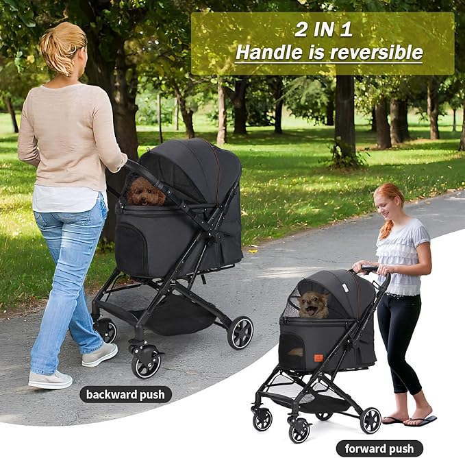 Pet Strollers for Small Medium Dogs Cats, No Zipper Entry with Reversible Handle, One-Hand Foldable Puppy Doggie Jogging Stroller Pet Travel (black & gray)