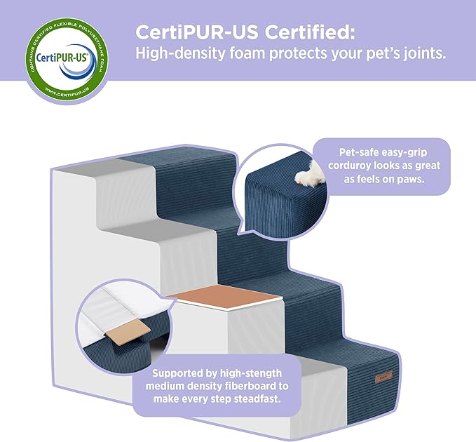 Lesure Dog Stairs for Small Dogs - Pet Stairs for Beds and Couch, Folding Pet Steps with CertiPUR-US Certified Foam for Cat and Doggy, Non-Slip Bottom Dog Steps, Navy Blue, 3 Steps