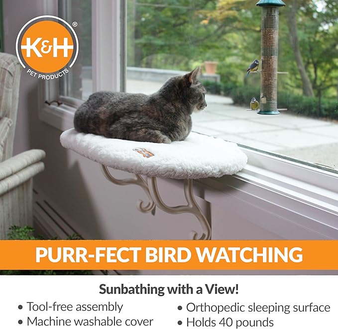 K&H Pet Products Kitty Sill Window Sill Cat Perch, Cat Window Perch for Large Cats, Cat Window Seat, Cat Shelf for Window Sill, Window Cat Bed, Cat Perch w/ Washable Cover – Fleece Unheated