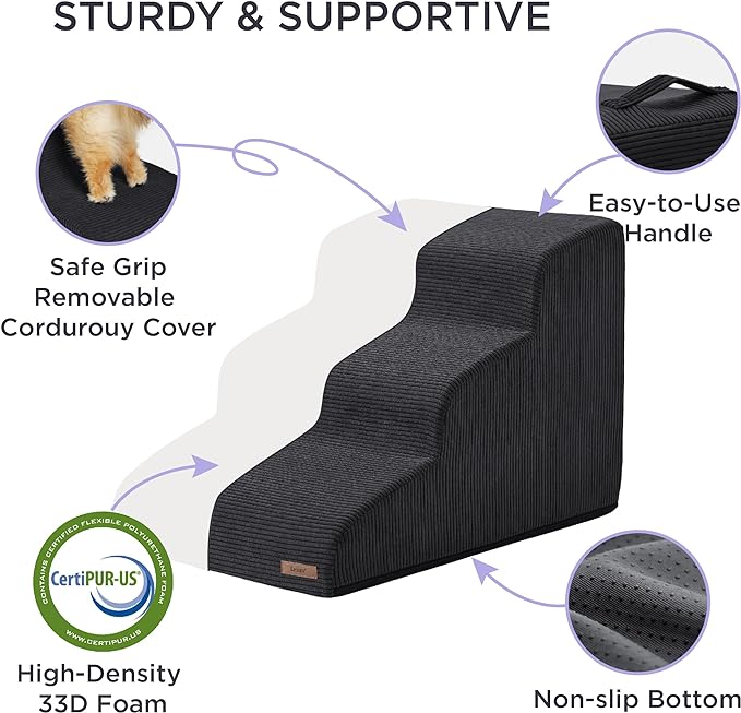 Lesure Dog Stairs for Small dogs - Dog Ramp for Bed and Couch with CertiPUR-US Certified Foam, Pet Steps with Non-Slip Bottom for Old Cats, Injured Doggies and Puppies, Black, 2 Steps