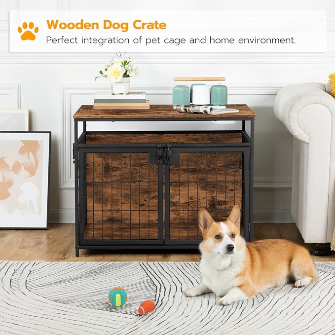 HOOBRO Dog Crate Furniture, 31.5 Inches Wooden Dog Crate, Dog Kennels Indoor with 3 Doors, Decorative Pet House End Table, for Small/Medium Dog, Chew-Resistant, Rustic Brown and Black BF83GW03