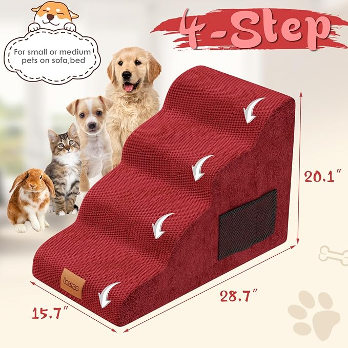 Dog Stairs for Bed, 4-Step, 30D Foam Pet Stairs/Steps with Waterproof Cover, Non-Slip, Dog Ramp/Ladder for Couch Sofa Bed, Suitable for Small Dogs Cats with Old/Injured/Short-Legged, 20.1" H