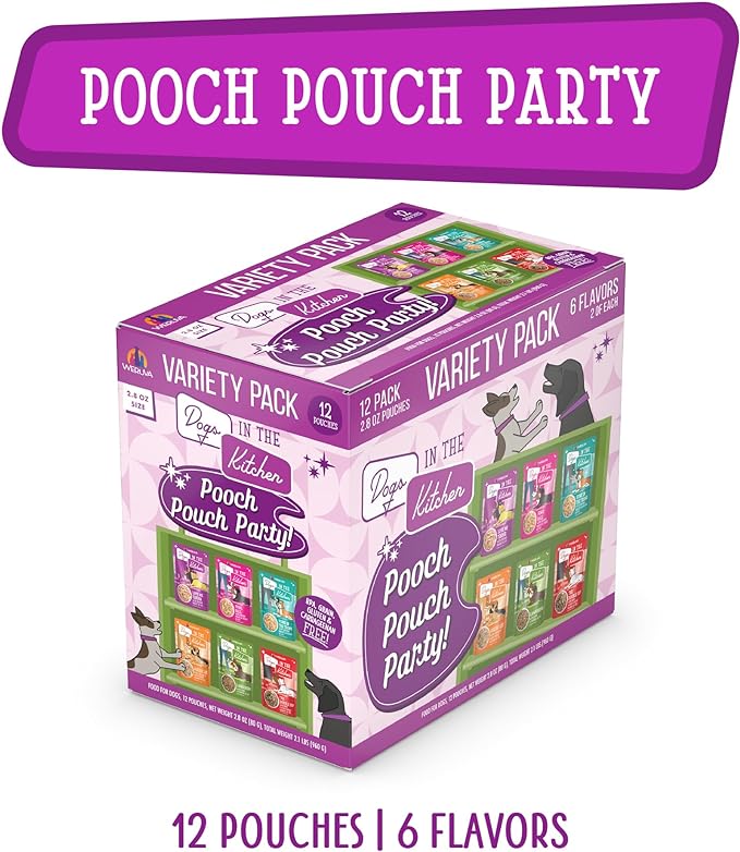 Weruva Dogs in The Kitchen, Variety Pack, Pooch Pouch Party!, Wet Dog Food, 2.8Oz Pouches (Pack of 12)