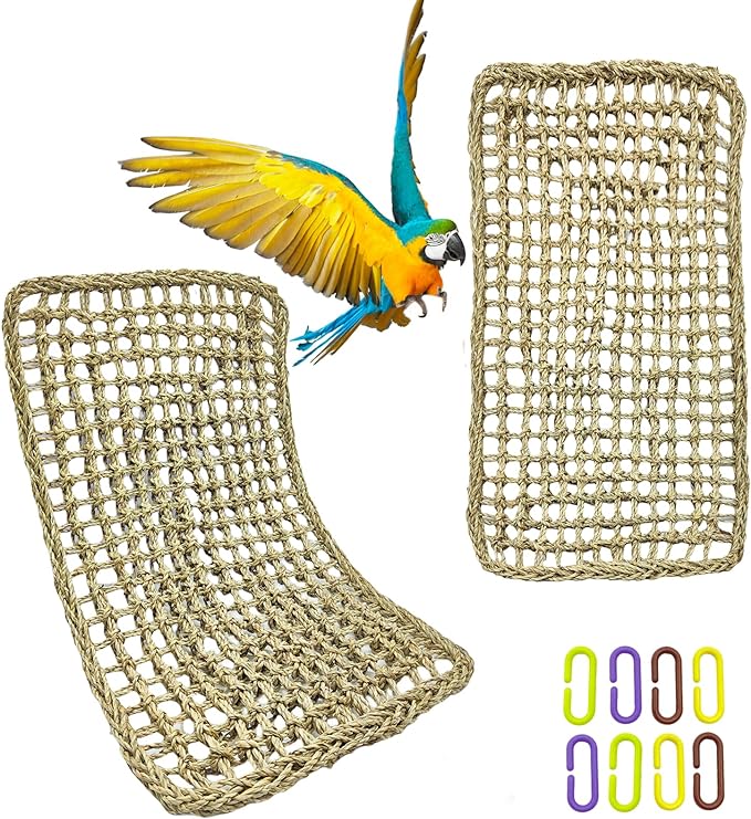 Large Bird Seagrass Mat 23.7×13.8''Natural Seagrass Woven Bird Net Hammock Climbing Rope Ladder with Hooks Chew Toy for Parrot Guinea Pig Lovebird Cockatiel Pigeon