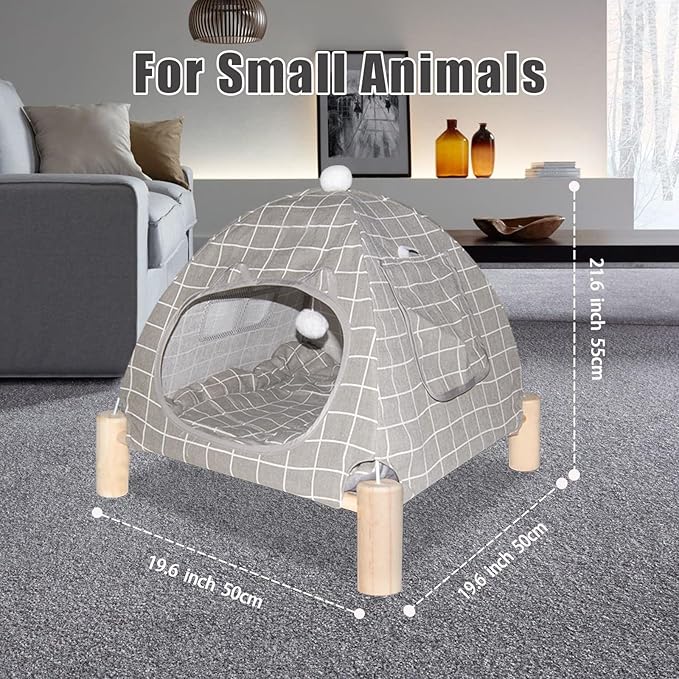 Pozico 2 in 1 Cat Bed Tent Wooden Frame Cat Teepee Cat Hammock, Quick Assembly and Disassembly, Portable Indoor/Outdoor Pet Dog Tent House for Cats Puppies Small Animals:Grey Grid Tent