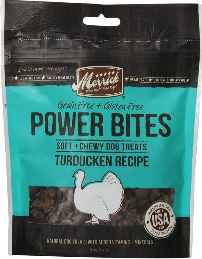 Merrick Power Bites All Natural Grain Free Gluten Free Soft & Chewy Chews Dog Treats Turducken, 6 OZ