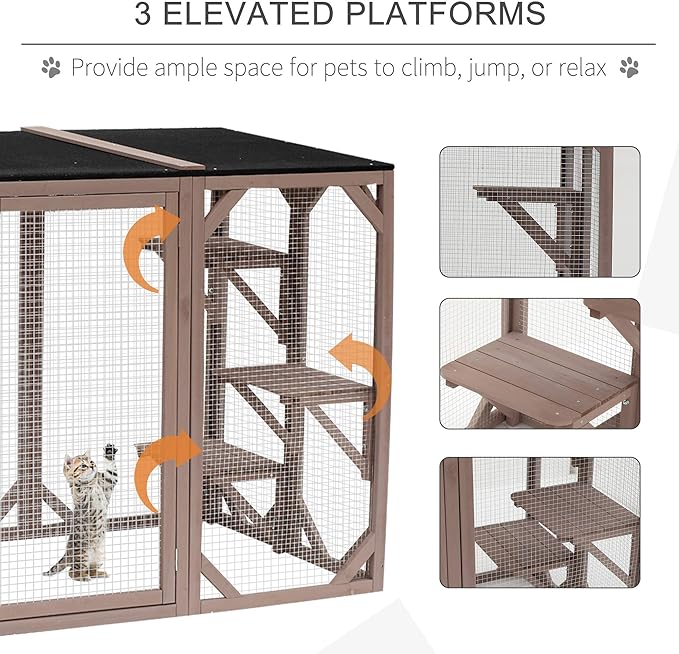 71 Inch Wooden Catio Outdoor Cat Enclosure, Kitty-House with Jumping Platforms & Weatherproof Asphalt Roof, Walk-in Kitty Kennel Condo Shelter