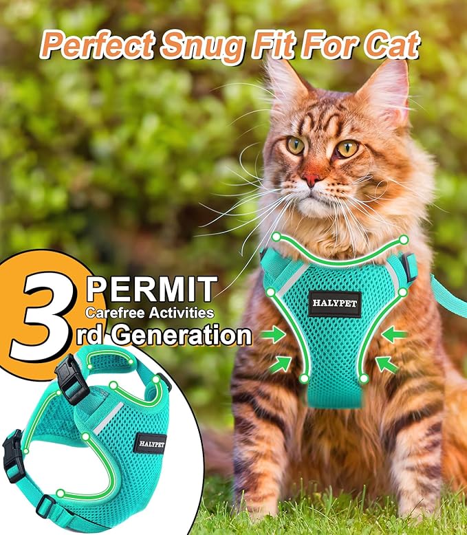 Cat Harness and Leash Set [ MAX Safety Third Generation ] Escape Proof Soft Adjustable Cat Leash Breathable Comfortable Vest Easy to Wear Kitten Harness for Outdoor Walking