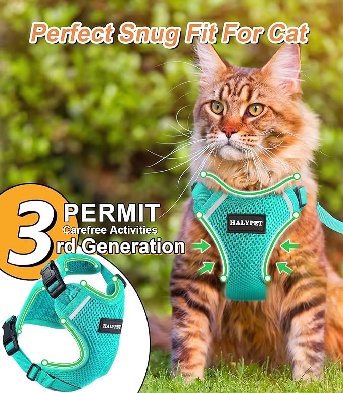 Cat Harness and Leash Set [ MAX Safety Third Generation ] Escape Proof Soft Adjustable Cat Leash Breathable Comfortable Vest Easy to Wear Kitten Harness for Outdoor Walking