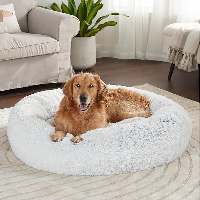 Bedsure Calming Dog Bed for Extra Large Dogs - Donut Washable Large Pet Bed, 45 inches Anti-Slip Round Fluffy Plush Faux Fur Dog Bed, Fits up to 125 lbs Pets, Frost Grey