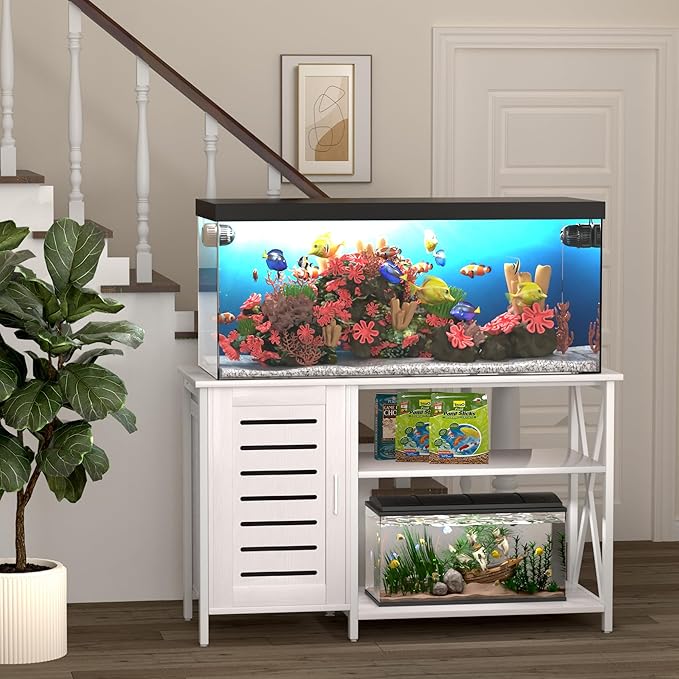 55-75 Gallon Fish Tank Stand, Aquarium Stand with Power Outlets and Cabinet for Fish Tank Accessories Storage, Heavy Duty Metal Frame, 52" L*19.68" W Tabletop, 1200LBS Capacity, White PG05YGW