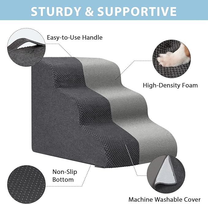 Dog Stairs for Couch Sofa and Chair, 3-Step Dog Steps for Small Dogs and Cats, Non-Slip Indoor Pet Step, Dark Grey