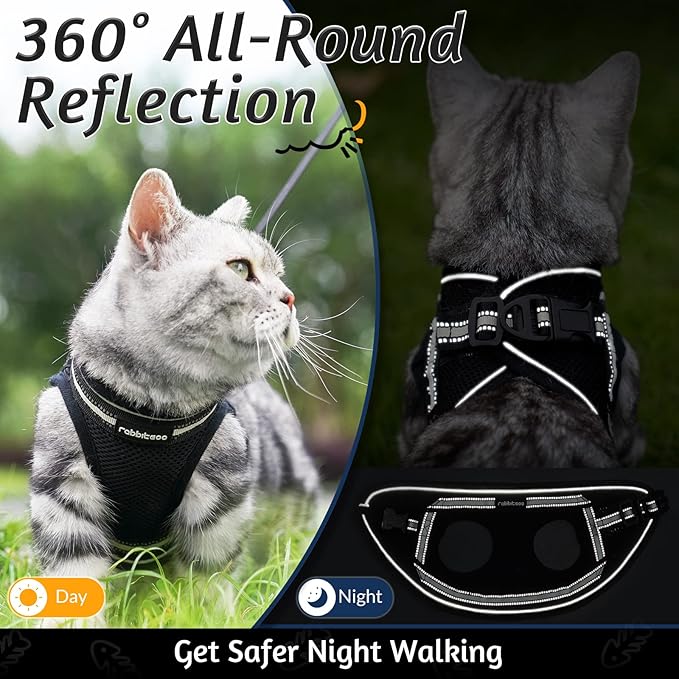 rabbitgoo Cat Harness and Leash Set for Walking Escape Proof, Adjustable Soft Kittens Vest with Reflective Strip for Cats, Comfortable Outdoor Vest, Black, L