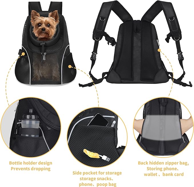 WOYYHO Pet Dog Carrier Backpack Small Dog Front Backpack Ventilated Mesh Dog Travel Back Pack with Safety Belt for Travel Hiking Cycling Outdoor Use (M (5-9 lbs), Black)