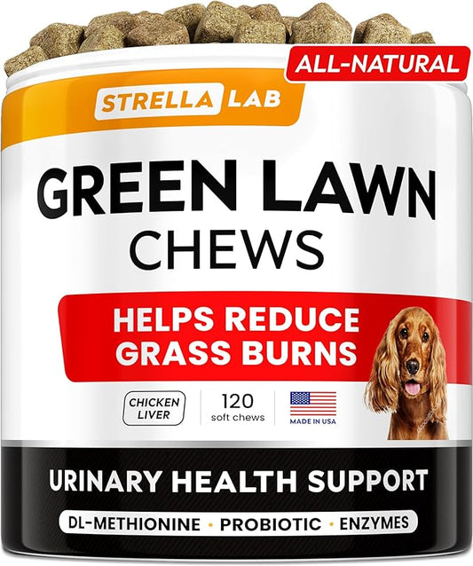 STRELLALAB Green Grass Chews - Pee Grass Spot Saver Caused by Dog Urine - Urine Neutralizer for Lawn, Gut Health Probiotics & Digestive Enzymes,Lawn Burn from Dog Urine, Grass Burn Spot Chews