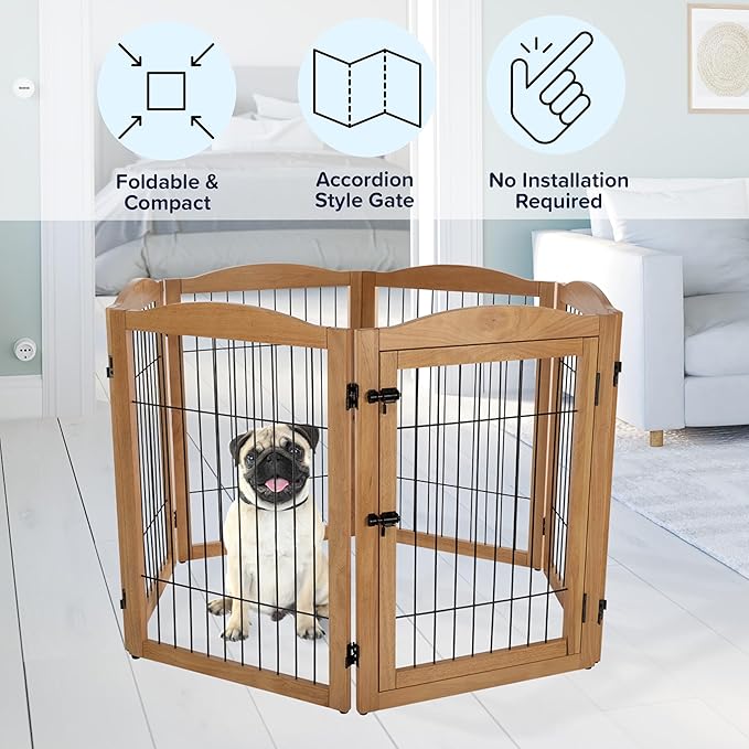 Pet Gate - 6-Panel Indoor Folding Dog Fence for Stairs or Doorways - 133x32-Inch Freestanding Play Pen with Support Feet by PETMAKER (Natural)