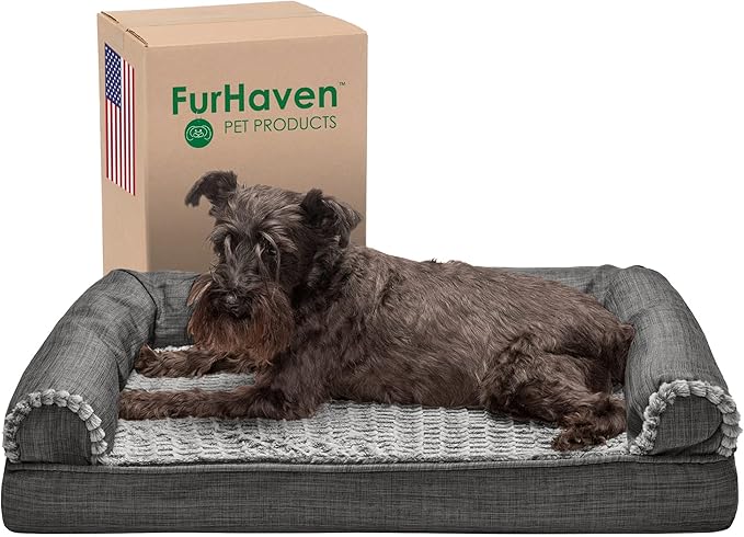 Furhaven Cooling Gel Dog Bed for Medium/Small Dogs w/ Removable Bolsters & Washable Cover, For Dogs Up to 35 lbs - Luxe Faux Fur & Performance Linen Sofa - Charcoal, Medium