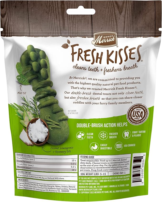 Merrick Fresh Kisses Natural Dental Chews Infused With Coconut And Botanical Oils For Tiny Dogs 5-15 Lbs - (Pack of 6) 20 ct. Bags