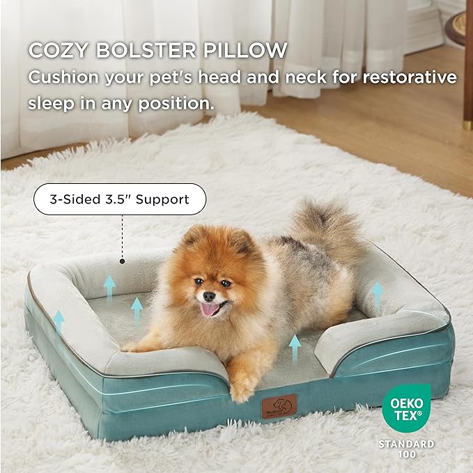 Bedsure Small Orthopedic Dog Bed - Washable Bolster Dog Sofa Beds for Small Dogs, Supportive Foam Pet Couch Bed with Removable Washable Cover, Waterproof Lining and Nonskid Bottom Couch, Washed Blue